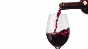 Pouring red wine into a crystal glass, close up, isolated on white photo