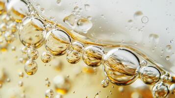 Close up of white wine bubbles in a glass, macro shot, isolated on white background photo