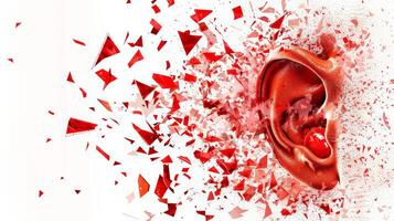 Noise pollution concept with a shattered eardrum illustration, vibrant red against white background photo