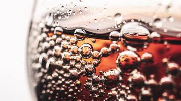 Close up of wine bubbles in a glass, macro shot, isolated on white background photo