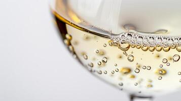 Close up of white wine bubbles in a glass, macro shot, isolated on white background photo