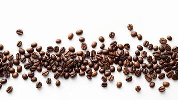 Top view of scattered coffee beans, isolated on a white background with space for text photo