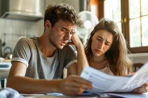 Young couple looking distressed while examining a high electric bill during a heatwave, fan blowing in background photo