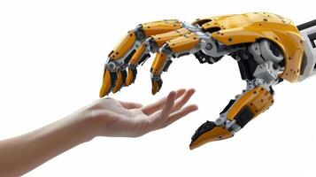 Technological unemployment illustrated with a robotic arm replacing human hands, isolated on white background photo
