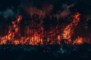 Wildfire raging through a dense forest, towering flames and thick smoke under a dark sky photo