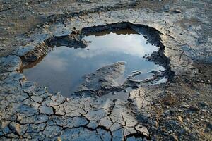 Lake drying up in a heatwave, cracked earth and small puddles left, reflecting harsh environmental conditions photo