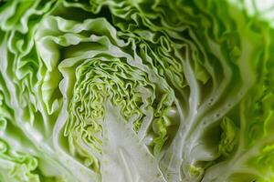 Close up of fresh green cabbage leaves texture, suitable for healthy eating concepts and vegetarian recipe backgrounds, with a focus on natural patterns photo