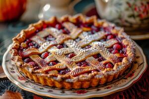 Close up of cranberry pie with a lattice crust, steaming hot, served on a vintage plate photo