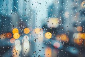 Close up of raindrops pelting a windowpane, blurring the view of a soaked urban landscape outside photo