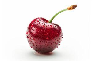 Close up of a single cherry with a glossy finish, isolated on a white background photo