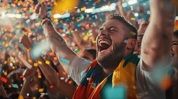 Joyful crowd celebrating victory at a sports event, with confetti, holiday and championship, diverse fans showing excitement and support photo