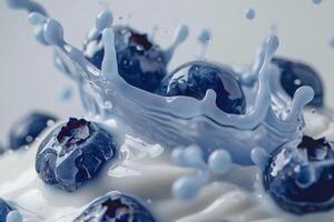 Blueberry splash in milk, close up with blue droplets, minimalist dynamic shot photo