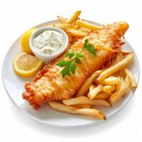 British fish and chips with tartar sauce isolated on a white background photo