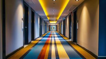 Modern hotel corridor with vibrant striped carpet and illuminated ceiling, suitable for concepts such as travel, accommodation, and architecture photo