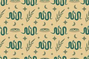 Snake seamless pattern with plants, stars and esoteric symbol. For packaging, textiles, case, cover, paper, wallpaper vector