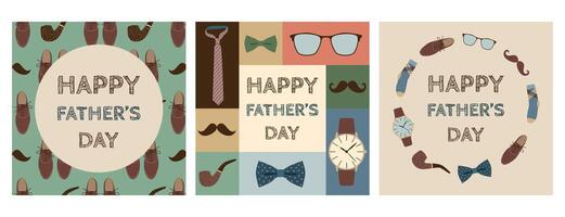 Father's day cards set. Holiday concept with men's accessories, mustache, clothes. Seamless pattern, geometric composition, frames and templates vector