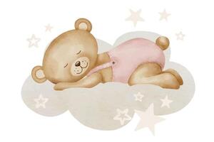 Cute little Teddy Bear sleeping on a cloud. Watercolor illustration of animal toy for Baby shower greeting cards or invitations. Childish drawing for nursery design or kids postcards in pastel colors vector