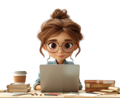 3d tekenfilm karakter van een jong vrouw werken met laptop apparatuur, enz, Aan een tafel, gegenereerd ai png