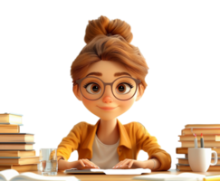 3d cartoon character of a young woman working with laptop equipment, etc, on a table, generated ai png