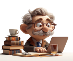 3d cartoon character of an old man working with laptop equipment, etc, on a table, generated ai png