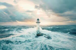 Large retro lighthouse with beam of bright light shining out to blue sea photo