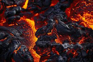 Erupting volcano with cascading hot lava surrounded thick white smoke photo