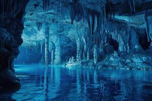 Large beautiful sharp stalactites hanging down from deep mountain cave photo