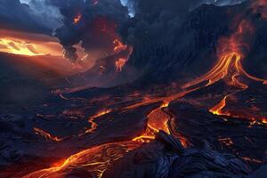 Erupting volcano with cascading hot lava surrounded thick white smoke photo