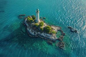 Large retro lighthouse with beam of bright light shining out to blue sea photo