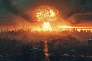 Scary nuclear explosion in outdoor, mushroom cloud of nuclear weapons photo