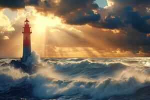 Large retro lighthouse with beam of bright light shining out to blue sea photo