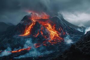 Erupting volcano with cascading hot lava surrounded thick white smoke photo