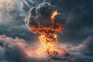 Scary nuclear explosion in outdoor, mushroom cloud of nuclear weapons photo