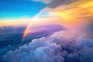 Beautiful tranquil landscape with magical bright rainbow at cloudy sky photo