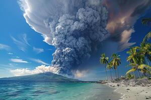 en erupción volcán con cascada caliente lava rodeado grueso blanco fumar foto