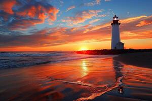 Large retro lighthouse with beam of bright light shining out to blue sea photo