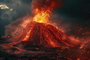 Erupting volcano with cascading hot lava surrounded thick white smoke photo