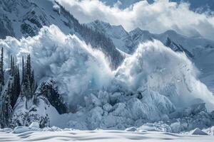 Descent of an huge avalanche from the mountain, winter nature landscape photo