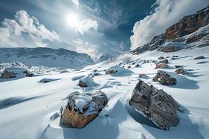 Descent of an huge avalanche from the mountain, winter nature landscape photo