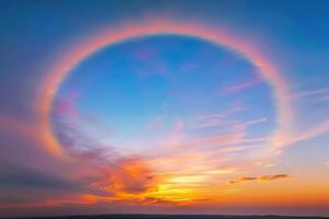 Beautiful tranquil landscape with magical bright rainbow at cloudy sky photo