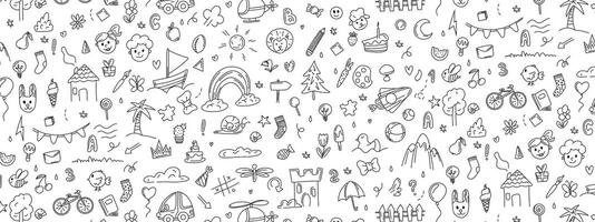 A pattern of objects from a child's life drawn by a pen, including toys, food, plants and things for sports and creative activities, a rocket. rainbow Children's graphics vector