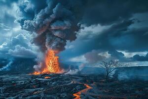 Erupting volcano with cascading hot lava surrounded thick white smoke photo