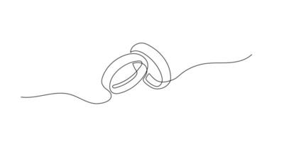 One line line drawing of wedding rings. Romantic elegance concept and symbol of engagement proposal and marriage invitation in simple linear style. Wedding. Doodle illustration vector