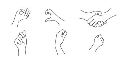 Set of realistic one line gestures. Graphic logo design with black line strokes on a white background. graphic. Hand gestures vector