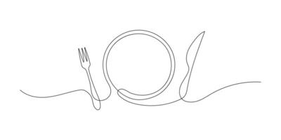 Line drawing of a fork, knife, and plate. A continuous one-line sketch of cutlery and kitchen utensils. Hand-drawn tableware illustration for a restaurant logo or menu cover in linear style vector