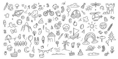 Doodle set of objects from a child's life drawn by hand, including toys, food, plants and things for sports and creative activities, a rocket. rainbow Children's graphics vector