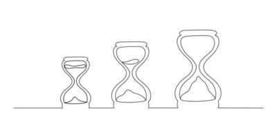 Line drawing of an hourglass with a stream of sand. Set of three vintage timers as countdown concept in simple linear style. Doodle illustration, time speed concept vector
