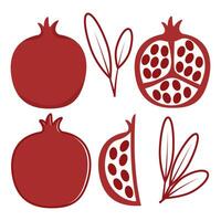 Set of flat linear red pomegranates and leaves vector