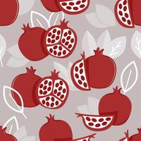 Seamless pattern of flat pomegranate fruits and leaves on a gray background vector