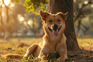 Overheated dog panting heavily under a shady tree, tongue out, during a hot summer day photo